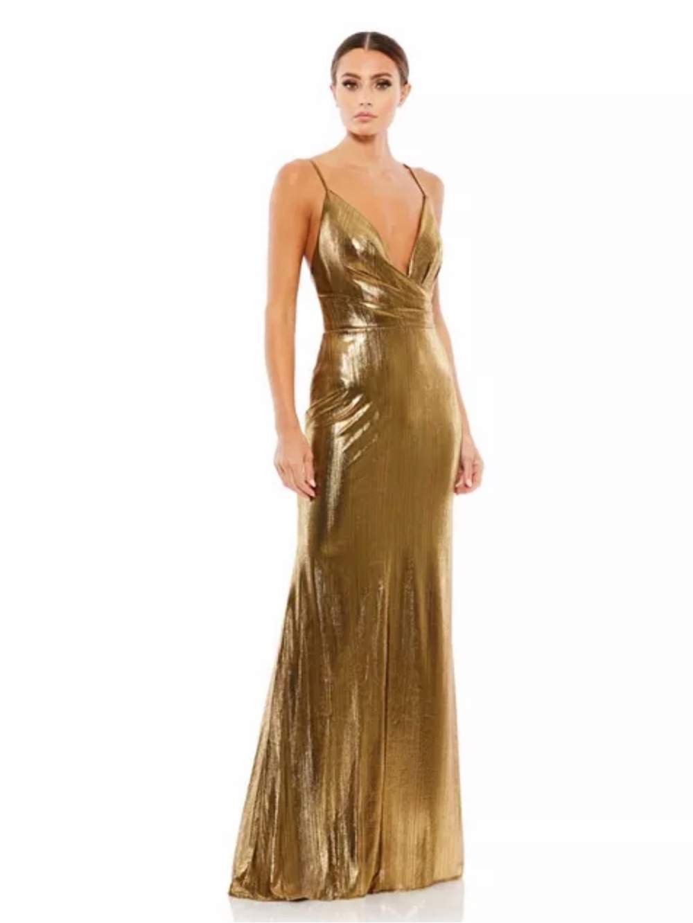 IEENA FOR MAC DUGGAL Metallic Faux Wrap Spaghetti Strap Gown Bronze Size 4